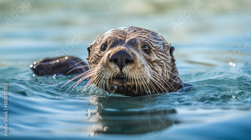 Closeup of young sea otter (Enhydra lutris) Floating in ocean on the California coast. generative ai