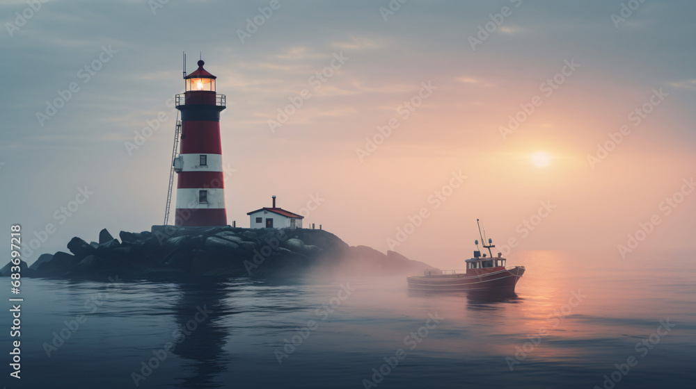 A lighthouse in the middle of the ocean with a boat