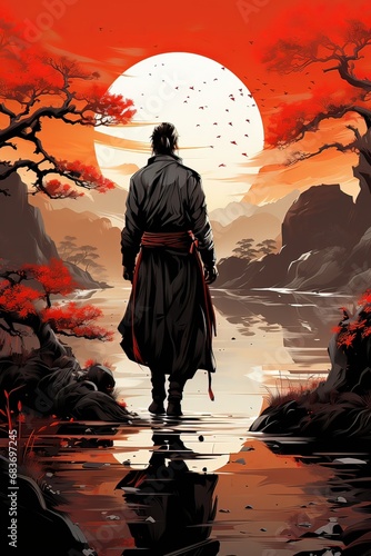 AI samurai che guarda il tramonto 04