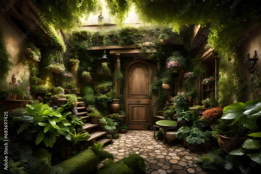 A secret garden entryway with lush foliage and hidden treasures. 