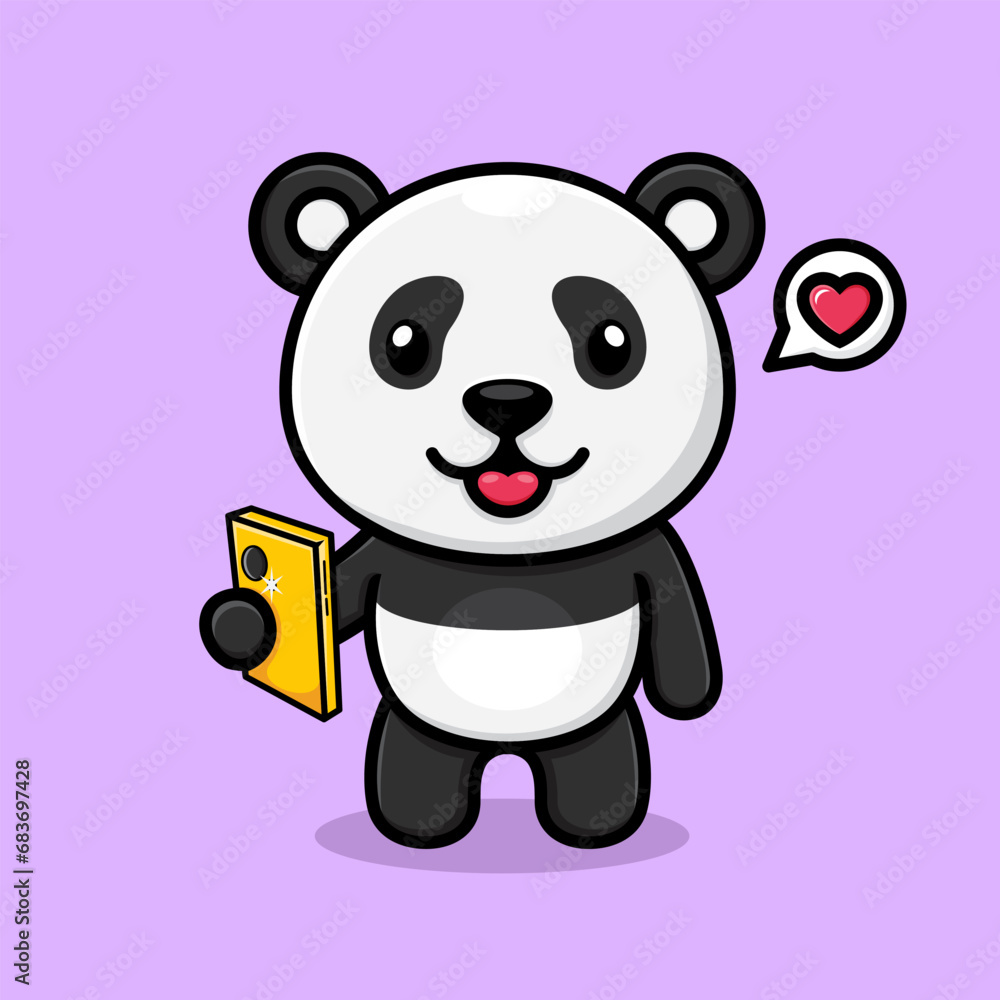 Fototapeta premium Cute cartoon panda, taking a photo using a cellphone.