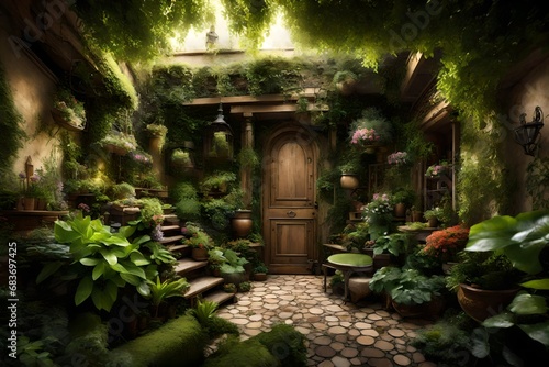 A secret garden entryway with lush foliage and hidden treasures. 