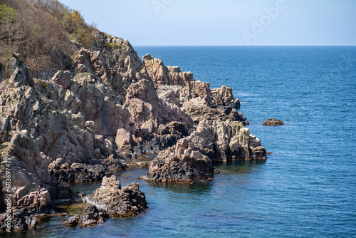 Molle, Sweden - May 3, 2022: Rocky cliffs at Kullaberg Nature Reserve in Scania Region.