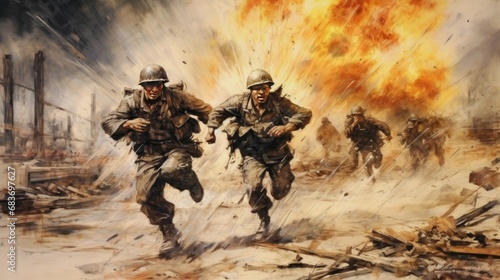 Soldiers running in the middle of a nuclear explosion. Soldiers fighting with fire and smoke on the background. Bomb Attacke scene. Military Concept. War Concept. Battlefield.