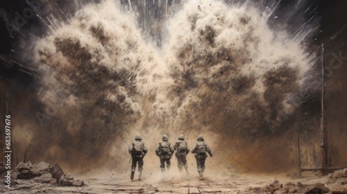 War Concept. Military silhouettes fighting scene on war fog sky background, World War Soldiers Silhouettes Below Cloudy Skyline. Military Concept. War Concept. Battlefield. © John Martin
