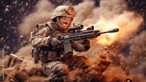 Soldier in military uniform with assault rifle on background of explosion. Military Concept. War Concept. Battlefield.