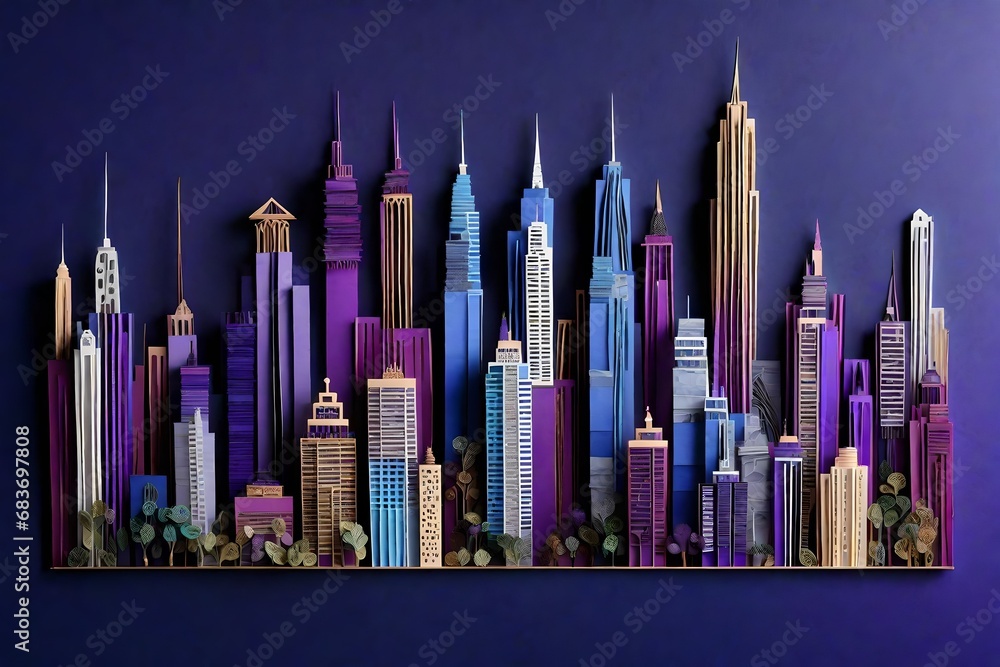 Create a city skyline using quilling paper in contrasting shades of purple, blue, yellow with dark purple background 