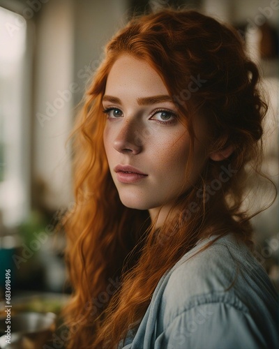 Beautiful young red hair woman standing in kitchen photography. AI generative