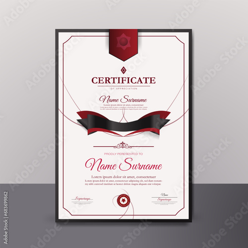 A  certificate with vector clean style black and maroon color modern certificate card template