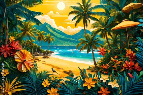 Painting of beach with palm trees