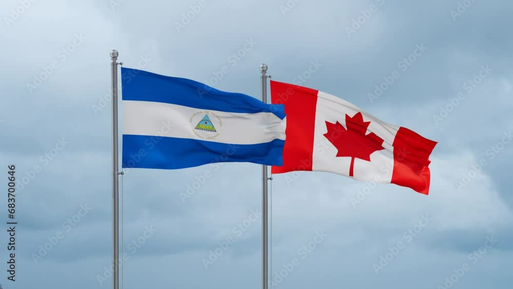 Canada and Nicaragua flag waving together on cloudy sky, endless seamless loop, two country cooperation concept Canada and Nicaragua flag waving together on cloudy sky, endless seamless loop, two country cooperation concept
