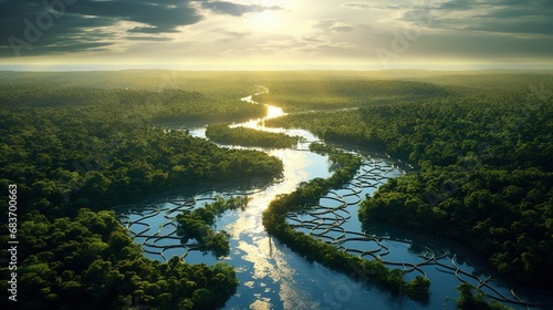A meandering river in the Amazon rainforest, backlight photography with AI photo