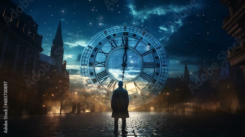 a person standing in front of a large clock © KWY