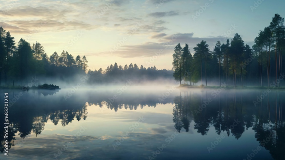 a foggy lake with trees and a cloudy sky