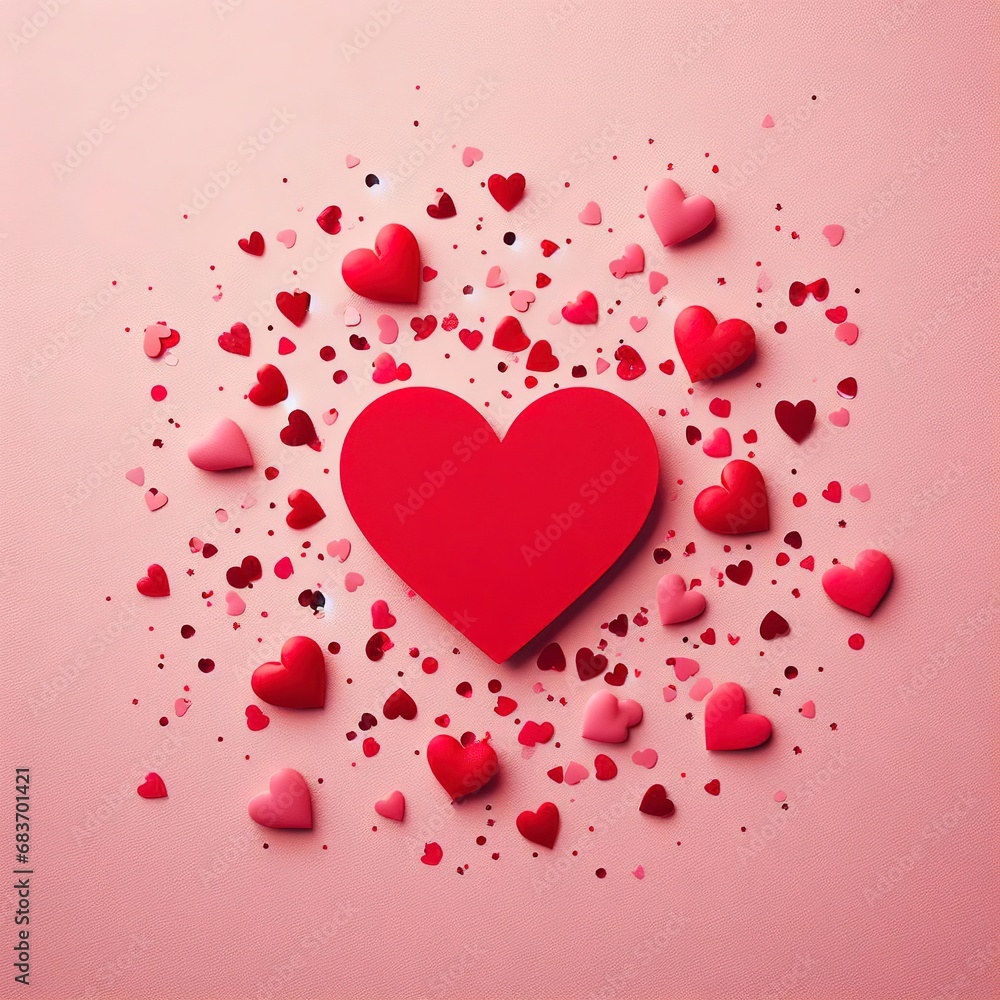 Valentines Day. Red heart shape confetti heart top view flat lay on pink background. Copy space