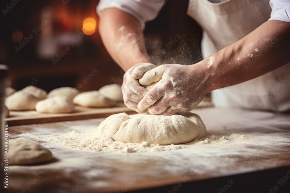 Close-up of skilled hands expertly kneading dough Close-up of skilled hands expertly kneading dough