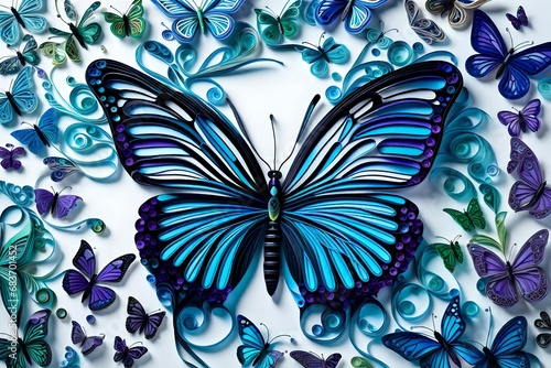 A vibrant quilled butterfly in shades of azure, emerald, and amethyst, delicately framed against a serene white background. © Naz