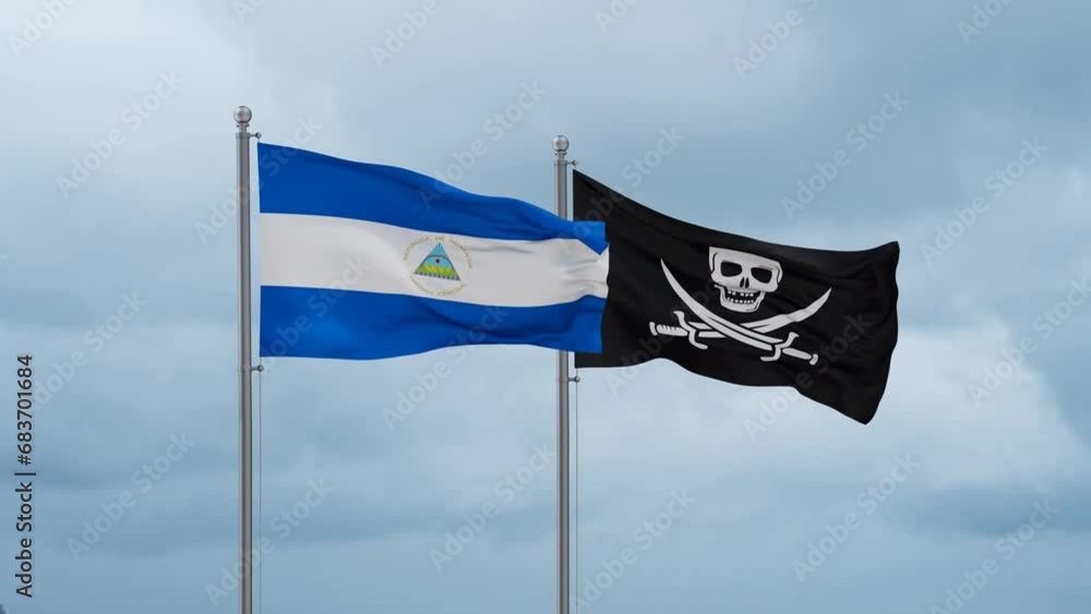 Nicaragua flag and Corsair flag waving together on cloudy sky, endless seamless loop Nicaragua flag and Corsair flag waving together on cloudy sky, endless seamless loop