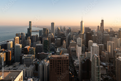 Chicago skyline aerial view during golden hour  lake Michigan