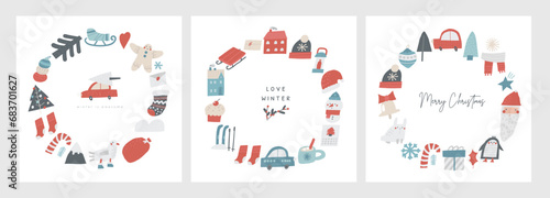 Christmas cute frames set with Christmas tree, garland, socks, candy stick, Santa bag, ginger bread man, car, polar gull, sledges, text space. Hand drawn doodle circle round banner, invitation, card
