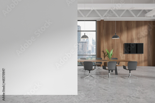 Modern office room interior with meeting table, panoramic window. Mock up wall photo