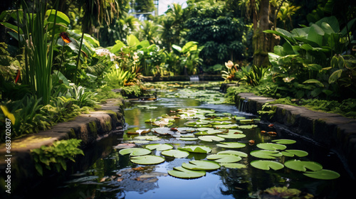 A pond filled with lots of water lilies surrounded by