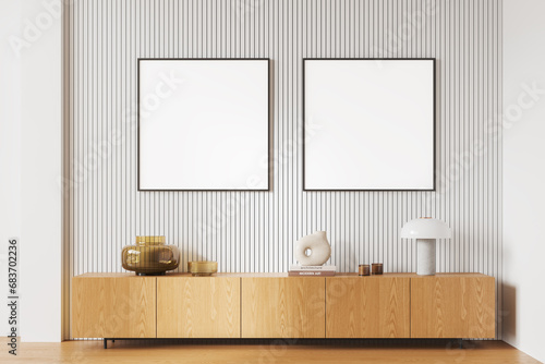 White home living room interior with dresser and decoration, mockup frames