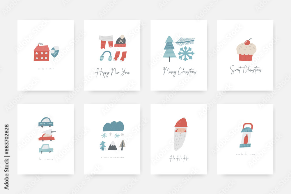 Obraz premium Cute winter Christmas New Year postcard with cute hand drawn doodle santa, character, cake, car, snowflake, tree, scarf, socks. Cold winter season cover, template, banner, poster, print.