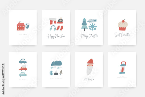 Cute winter Christmas New Year postcard with cute hand drawn doodle santa, character, cake, car, snowflake, tree, scarf, socks. Cold winter season cover, template, banner, poster, print.