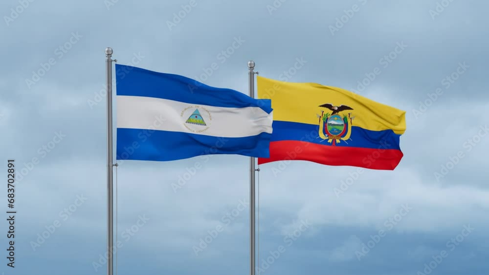 Ecuador flag and Nicaragua flag waving together on cloudy sky, endless seamless loop, two country relations concept Ecuador flag and Nicaragua flag waving together on cloudy sky, endless seamless loop, two country relations concept
