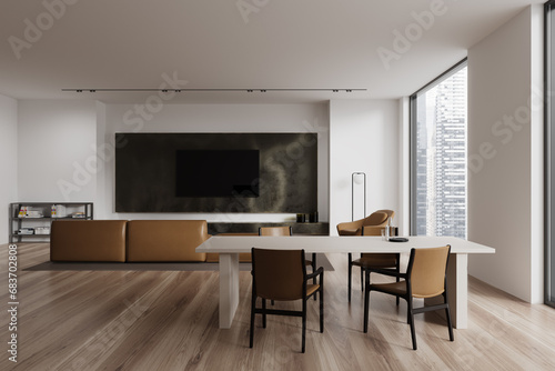 White home living room interior with eating table and tv space with sofa, window © ImageFlow