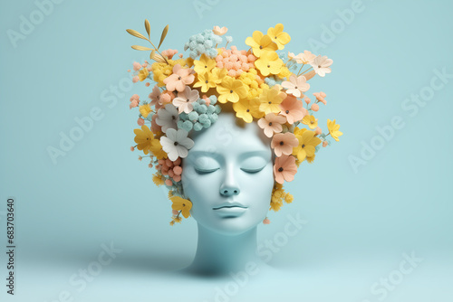 Concept of mental health. Illustration of head with flowers in 3d style.  © ShniDesign