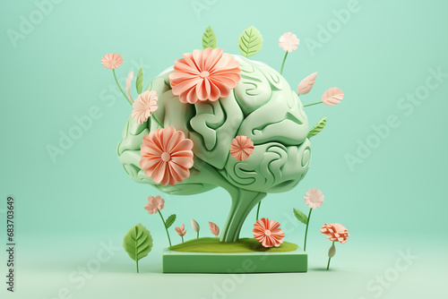 Concept of mental health. Illustration of brain with flowers in 3d style. photo