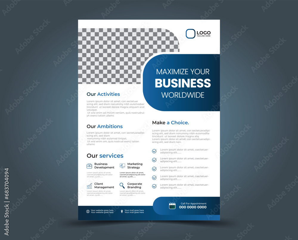 business flyer design template in dark and light gradient blue and white color in A4 size. business flyer design template in dark and light gradient blue and white color in A4 size.