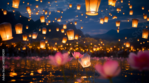 Lantern Festival background  Shangyuan Festival China. Magical flying lanterns in the colorful sky. beautiful lights sparkling. Chinese festive background
