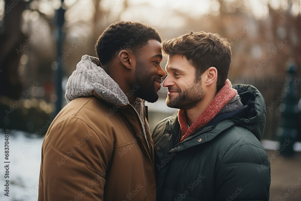 Portrait of a happy gay couple embracing each other outdoors.Diversity and LGBT Concept Portrait of a happy gay couple embracing each other outdoors.Diversity and LGBT Concept