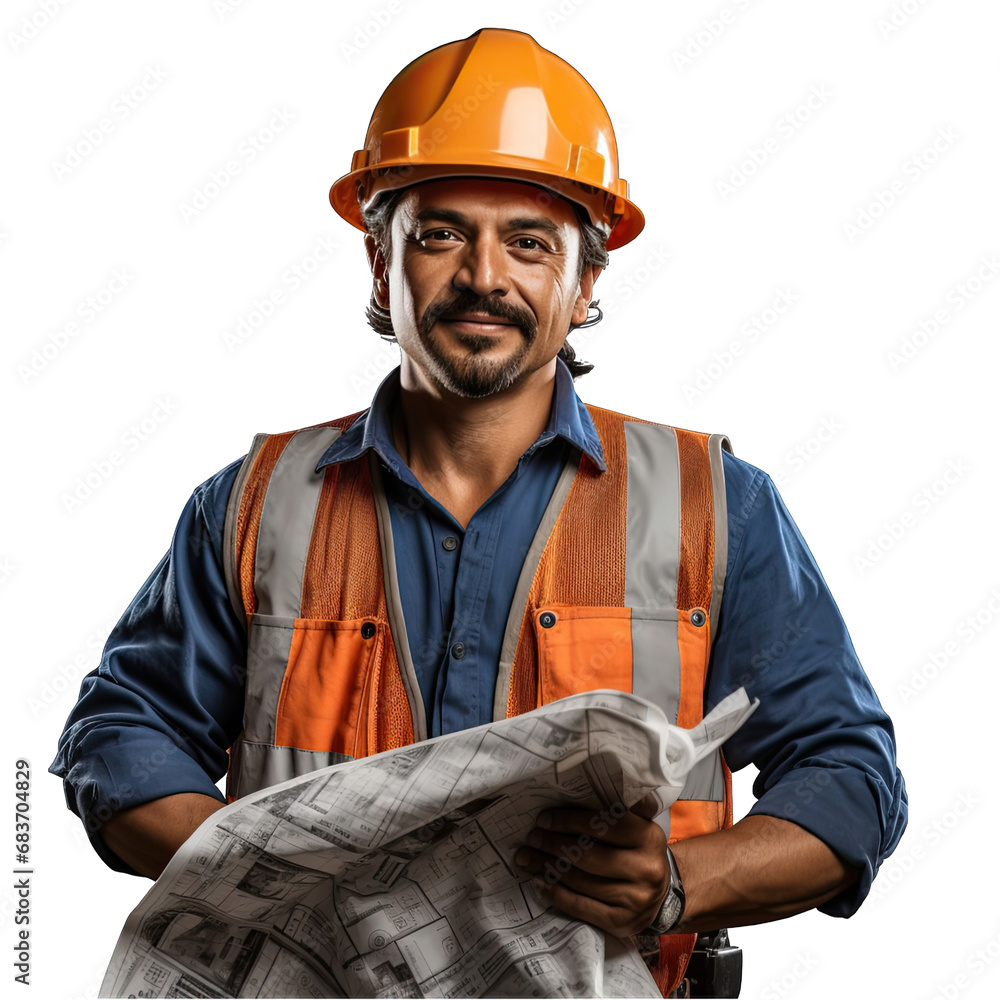 Hispanic Engineer with Safety Helmet and Blueprints Isolated on Transparent or White Background, PNG Hispanic Engineer with Safety Helmet and Blueprints Isolated on Transparent or White Background, PNG
