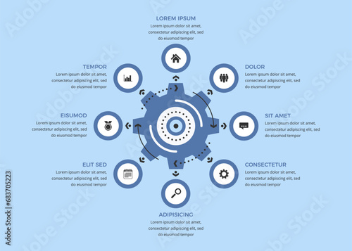 Infographic template with gear with eight elements for icons and text, vector eps10 illustration