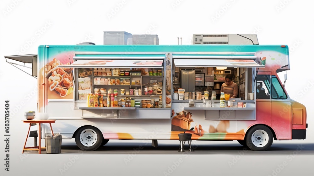 a food truck with a person in the window
