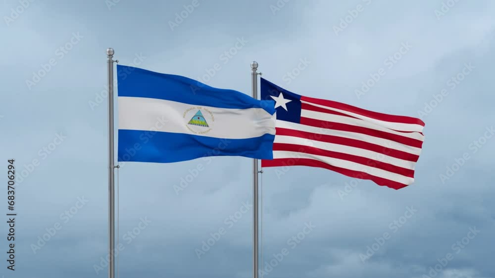 Liberia and Nicaragua flag waving together on cloudy sky, endless seamless loop, two country cooperation concept Liberia and Nicaragua flag waving together on cloudy sky, endless seamless loop, two country cooperation concept
