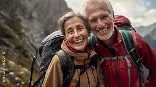 senior woman and man with glasses hiking in the mountain