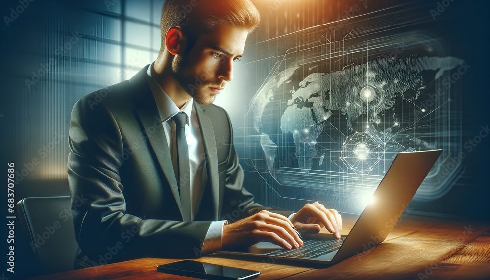 An image of a businessman downloading computer files or installing software on a laptop computer, depicting a focused and professional setting. An image of a businessman downloading computer files or installing software on a laptop computer, depicting a focused and professional setting.