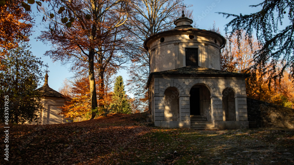 Attraction on Lake Orta, Italy. VIII chapel of the Via Crucis at the Sacro Monte di Orta (Sacred Mountain of Orta), UNESCO site, on the hill behind the village of Orta San Giulio