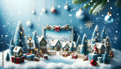 Christmas background with snow, featuring a quaint village adorned in Christmas decorations, capturing a picturesque winter scenery.