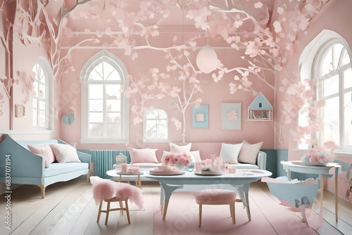 Soft pinks and blues create a whimsical house reminiscent of cotton candy, with a fairytale-like charm.