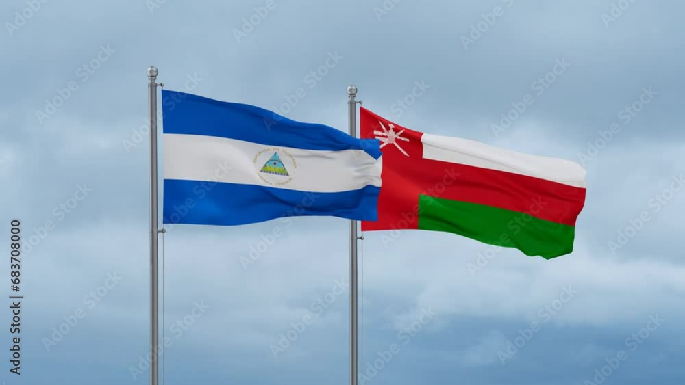 Oman and Nicaragua flag waving together on cloudy sky, endless seamless loop, two country cooperation concept Oman and Nicaragua flag waving together on cloudy sky, endless seamless loop, two country cooperation concept