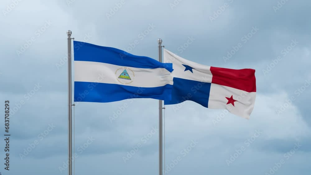 Panama flag and Nicaragua flag waving together on cloudy sky, endless seamless loop, two country relations concept Panama flag and Nicaragua flag waving together on cloudy sky, endless seamless loop, two country relations concept