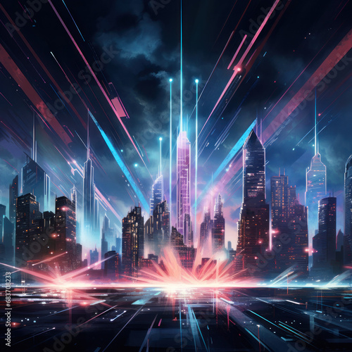 An electrifying scene of an explosion over a futuristic cityscape under a night sky