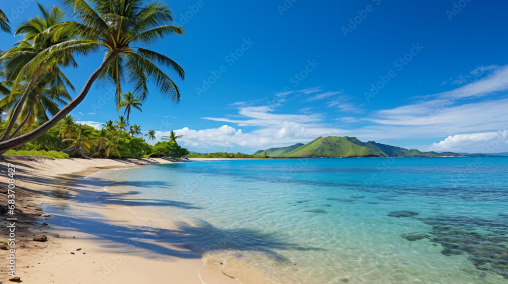 A sandy beach with palm trees and clear blue water