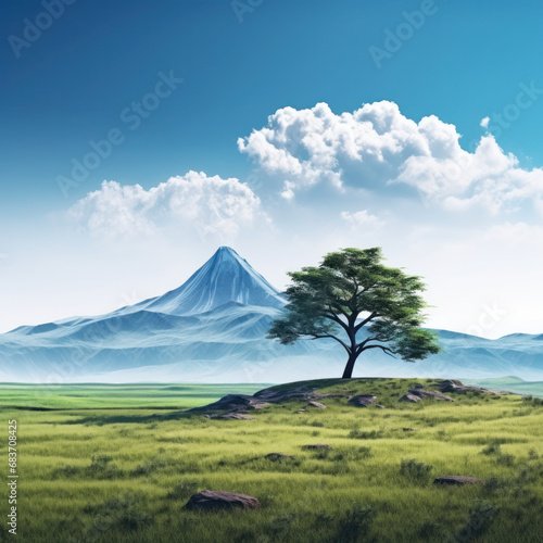 A digital illustration of an isolated tree in a grass field with a mountain and clouds in the background